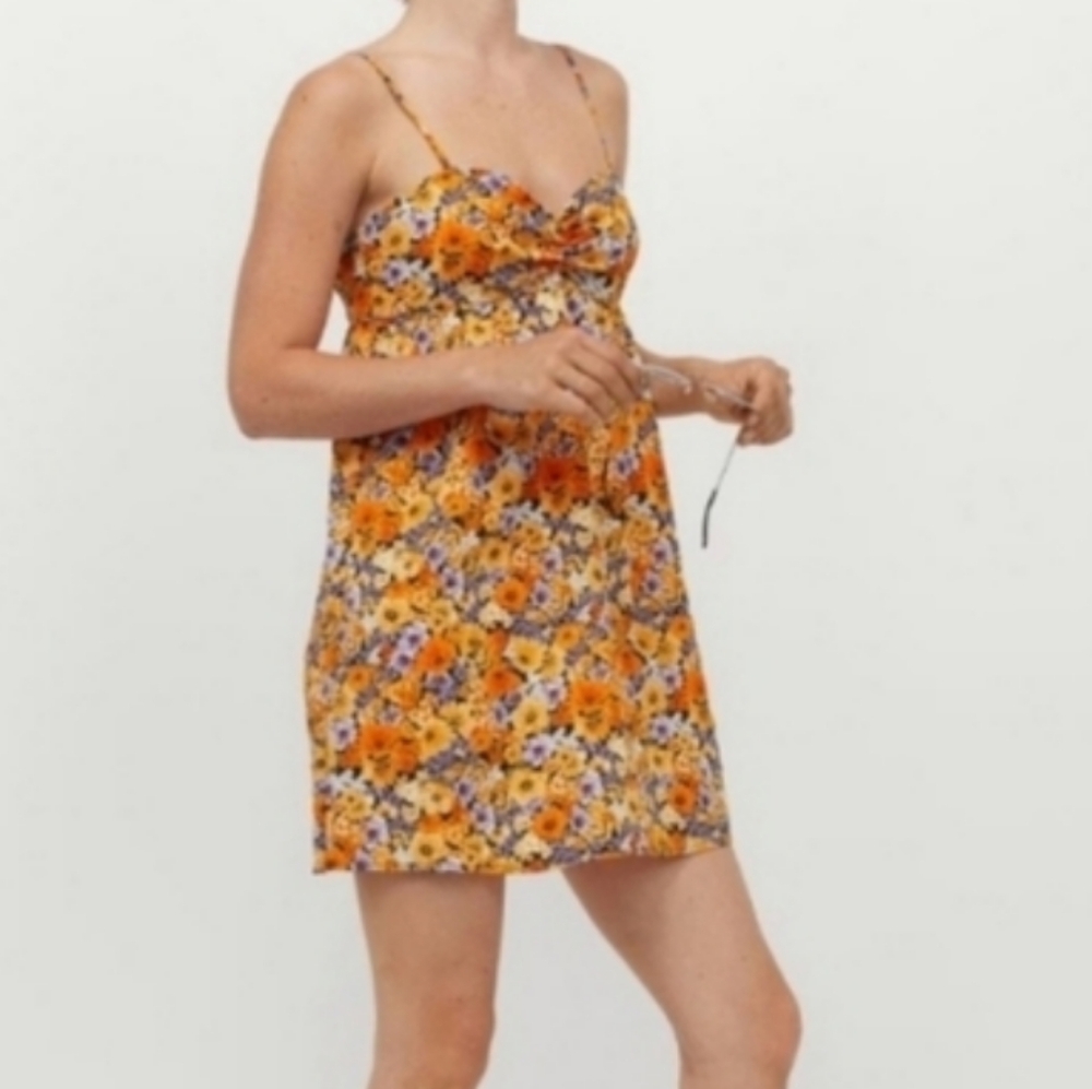 Divided Floral Babydoll Dress Orange Wildflower Spring Summer Sun Dress XS - Picture 7 of 15